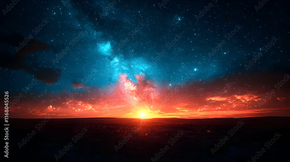 Obraz premium Vibrant sunset and starry night sky landscape.