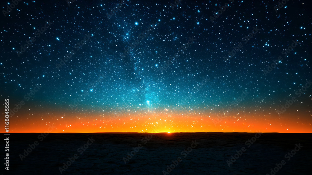 Fototapeta premium Vibrant sunset with a starry night sky over a dark horizon.