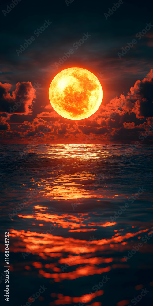 Blood moon rising over dark ocean water reflecting the fiery celestial body. Blood moon rising over dark ocean water reflecting the fiery celestial body.
