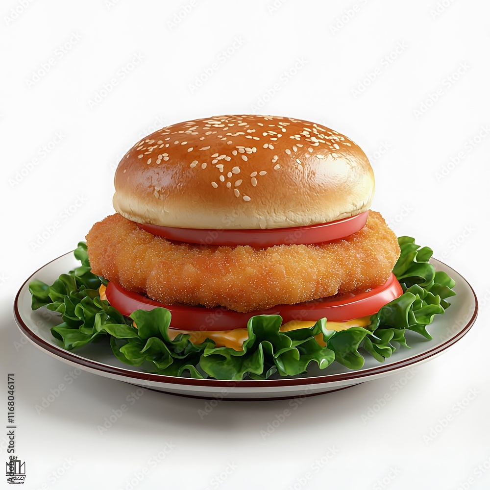 Juicy Crispy Chicken Burger on a Plate with Lettuce and Tomato. Juicy Crispy Chicken Burger on a Plate with Lettuce and Tomato.