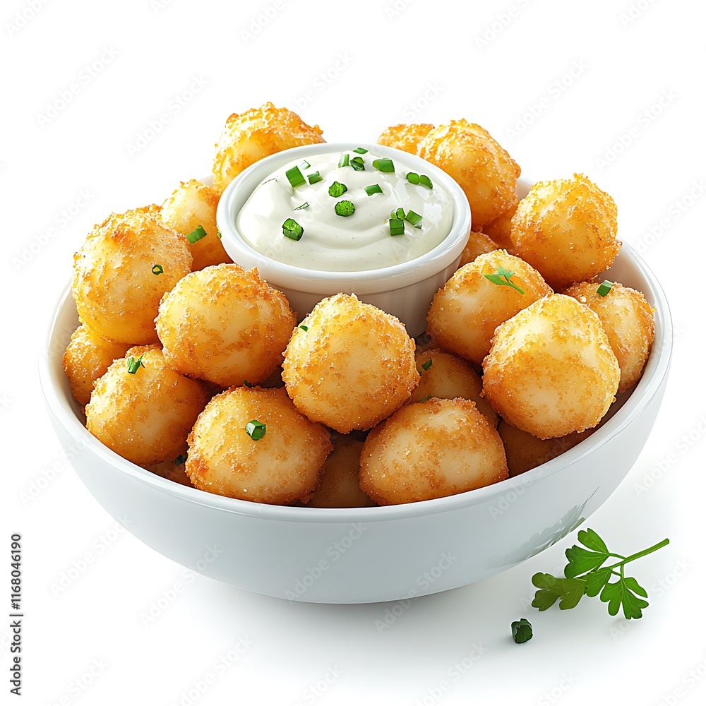 Bowl of Crispy Potato Balls with Creamy Herb Dip. Bowl of Crispy Potato Balls with Creamy Herb Dip.