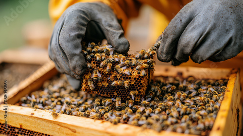 Beekeeper inspecting vibrant beehive, wearing protective gloves and focused on bees. scene captures intricate details of beekeeping and importance of pollinators
