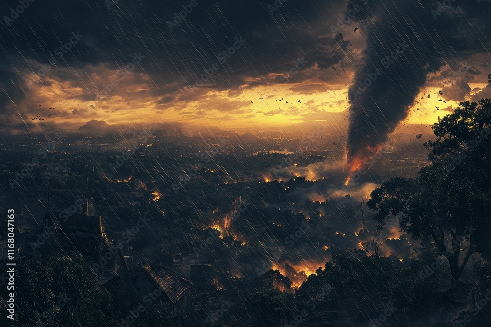 Fototapeta premium Torrential rain, fiery vortex, city ablaze.