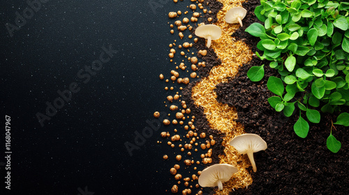 conceptual depiction of symbiotic relationships in ecosystems, featuring mushrooms, soil, and green plants. This illustrates interconnectedness of nature beautifully
