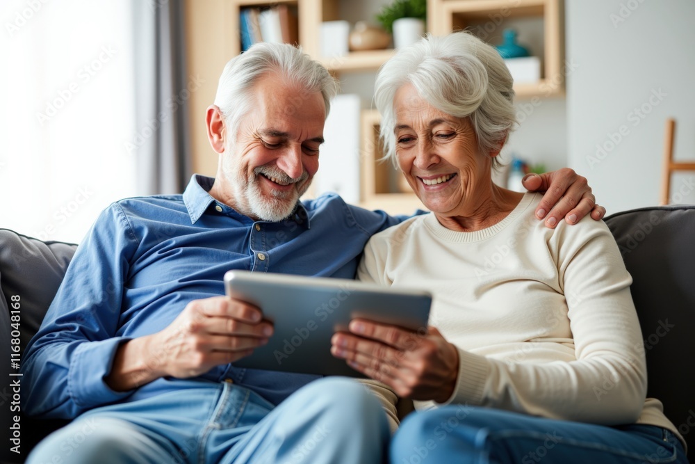Happy Senior Couple Enjoying Time Together with Tablet at Home Happy Senior Couple Enjoying Time Together with Tablet at Home