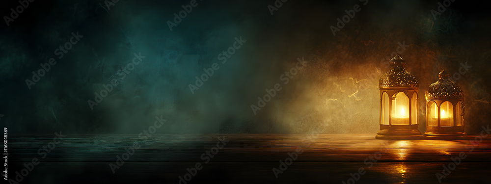 Arabic lanterns glowing softly in the dark, casting warm light on an empty table with a soft background, Ramadan Kareem banner background.