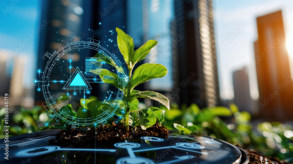 green plant growing in urban settings symbolizes sustainability and technology. image showcases blend of nature and digital innovation, highlighting eco friendly practices green plant growing in urban settings symbolizes sustainability and technology. image showcases blend of nature and digital innovation, highlighting eco friendly practices