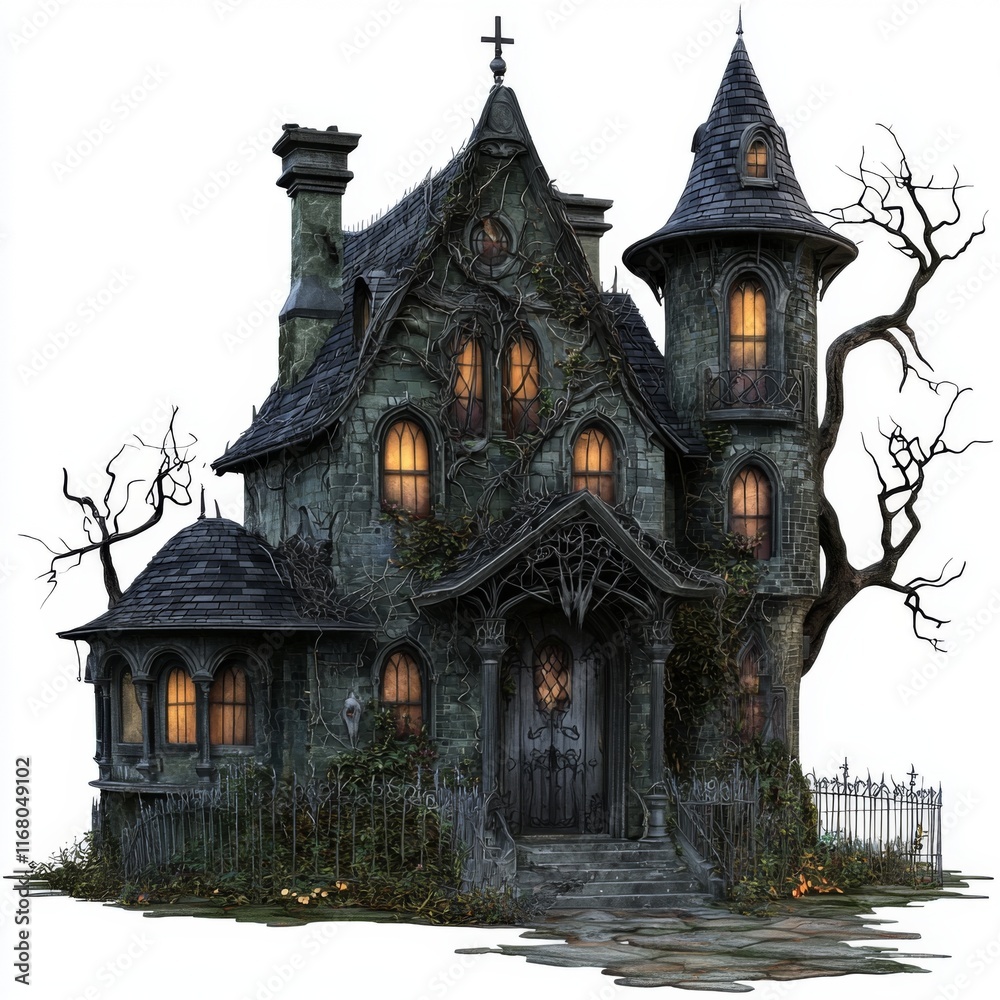 Spooky Abandoned Mansion Surrounded by Twisted Trees and Overgrown Vines on a Gloomy Night Spooky Abandoned Mansion Surrounded by Twisted Trees and Overgrown Vines on a Gloomy Night
