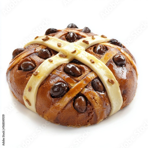 Freshly Baked Hot Cross Bun with Chocolate Chips on White Background for Easter Celebration