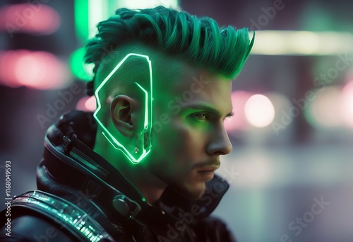 reality cyberspace man futuristic augmented hairstyle mohican tec green future game cyber