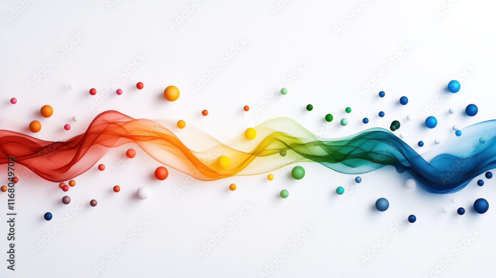 Colorful abstract wave with spheres and flowing lines creates vibrant visual. design showcases spectrum of colors, blending seamlessly to evoke creativity and energy Colorful abstract wave with spheres and flowing lines creates vibrant visual. design showcases spectrum of colors, blending seamlessly to evoke creativity and energy