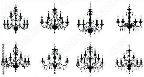 Decorative chandelier silhouettes vector, Luxury chandelier silhouette vector elements, Abstract chandelier vector icon collection, Classic chandelier silhouette vector icon