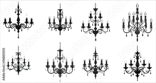 Luxury chandelier silhouette vector elements, Abstract chandelier silhouette vector, Decorative chandelier silhouettes vector, Stylish chandelier silhouette vector