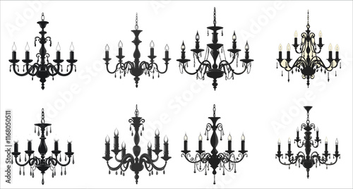 Luxury chandelier silhouette vector elements, Abstract chandelier silhouette vector, Decorative chandelier silhouettes vector, Stylish chandelier silhouette vector