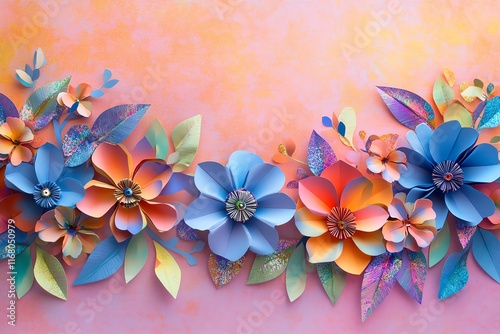 Whimsical border of colorful paper flowers and leaves with holographic details on a gradient pink background, ideal for creative invitations and text layouts