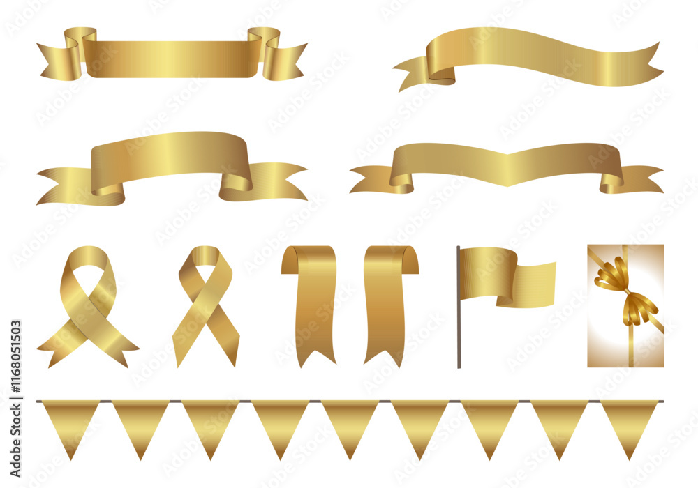 Golden glossy award ribbon banners for text. Blank Gold award Ribbon Collection Pack Template. Collection of Different Empty Gold Ribbon and Label Design. Various shapes. Ribbon label gold glossy