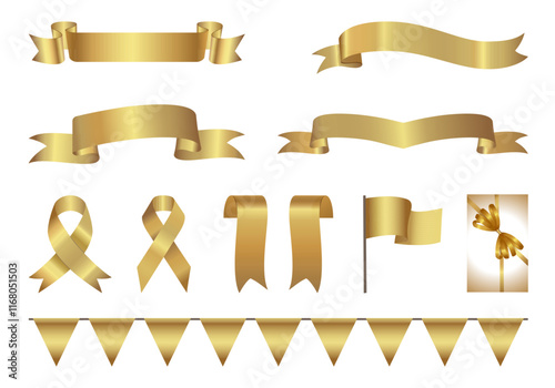 Golden glossy award ribbon banners for text. Blank Gold award Ribbon Collection Pack Template. Collection of Different Empty Gold Ribbon and Label Design. Various shapes. Ribbon label gold glossy