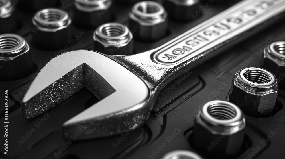 Close-up of wrench and nuts in a tool organizer. Close-up of wrench and nuts in a tool organizer.