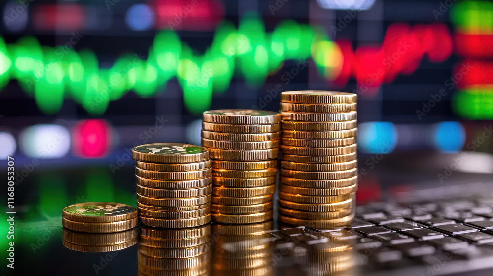 Rising stacks of coins symbolize financial growth against blurred stock market background, reflecting investment trends and economic progress