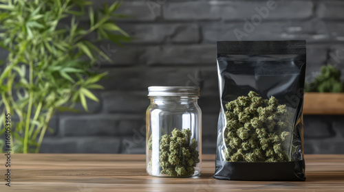 glass jar and vacuum sealed bag containing cannabis buds are displayed on wooden table. background features greenery, creating natural and calming atmosphere