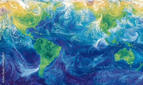 Fototapeta Naklejka Na Ścianę i Meble -  Abstract world map, swirling ocean currents.