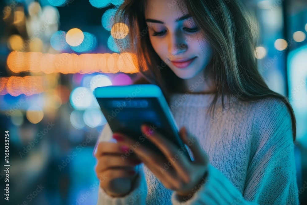 © jambulart - Woman uses phone, night city backdrop.