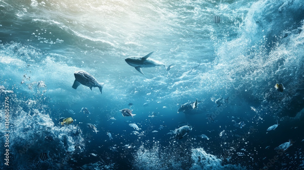 Obraz premium Ocean scene: sharks, fish, bubbles, waves.