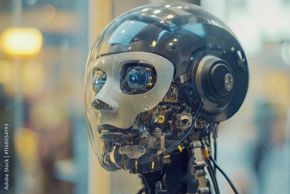 Transparent-headed robot, intricate mechanism visible. Transparent-headed robot, intricate mechanism visible.