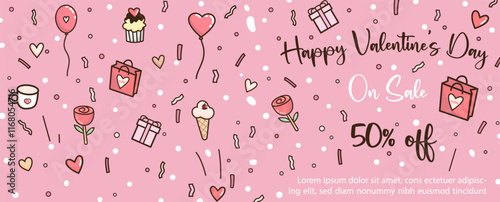 Valentine day's specials offer and advertising poster banner in flat style with wording of sale on pink background.