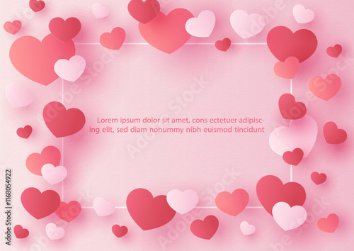 Group of hearts in paper cut style flying on example texts and circle space, pink gradient background.