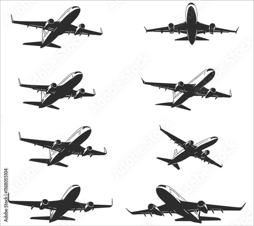 Airplanes silhouettes set. Black aircraft silhouette icons vector. Set of flying airplanes silhouettes vector illustration. Set of airplane silhouettes in vector