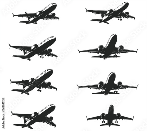 Airplanes silhouettes set. Black aircraft silhouette icons vector. Set of flying airplanes silhouettes vector illustration. Set of airplane silhouettes in vector