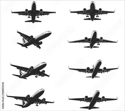 Airplanes silhouettes set. Black aircraft silhouette icons vector. Set of flying airplanes silhouettes vector illustration. Set of airplane silhouettes in vector