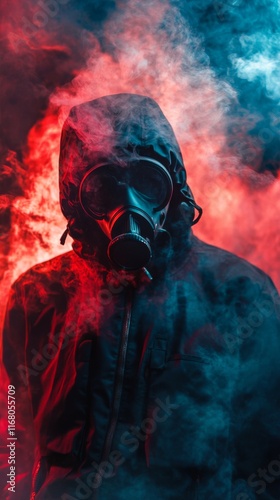 Mysterious figure wearing a gas mask and a hooded jacket, standing in front of a red and blue smoke background. photo