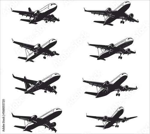 Airplane silhouette vector. Flying aircraft silhouette vector design. Jet airplane silhouette vector art. Flying airplane silhouette vector illustration