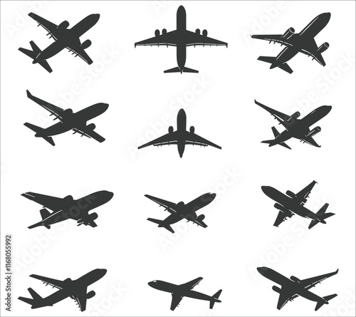 Airplane silhouette vector. Flying aircraft silhouette vector design. Jet airplane silhouette vector art. Flying airplane silhouette vector illustration