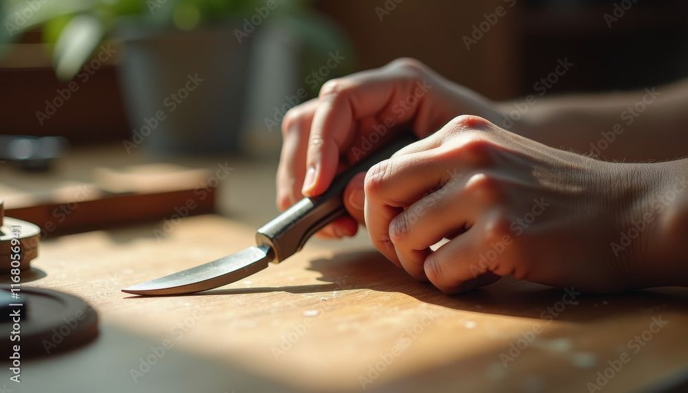 Obraz premium Hands Sharpening Knife on Workbench