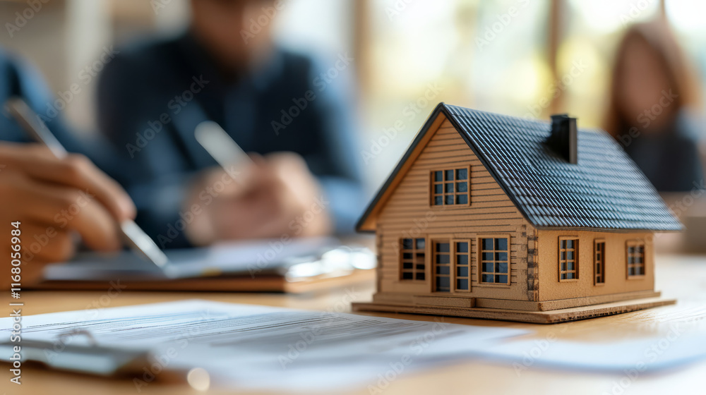 miniature house model on table with mortgage documents, symbolizing real estate discussions. scene captures essence of home buying and financial planning miniature house model on table with mortgage documents, symbolizing real estate discussions. scene captures essence of home buying and financial planning