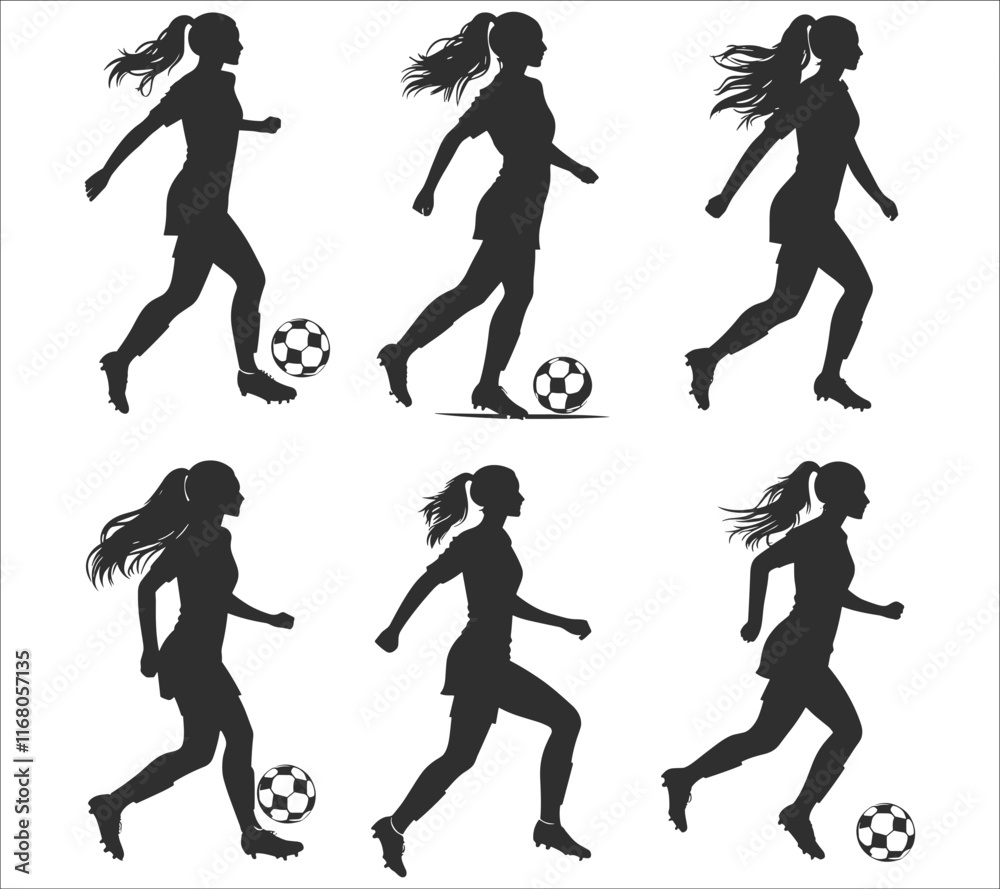Fototapeta premium Silhouette of female football player. Woman soccer player silhouette vector. Vector silhouette of woman footballer. Woman playing football silhouette vector illustration