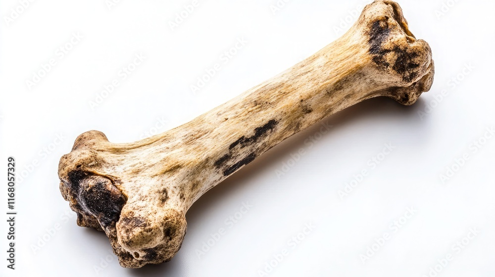 Close-Up of a Single Ancient Dog Bone Artifact with Distinctive Texture and Unique Surface Markings on a White Background for Scientific Study Close-Up of a Single Ancient Dog Bone Artifact with Distinctive Texture and Unique Surface Markings on a White Background for Scientific Study