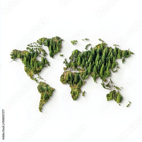 Green World Map Created with Lush Forests and Vibrant Vegetation Depicting Nature and Environmental Sustainability