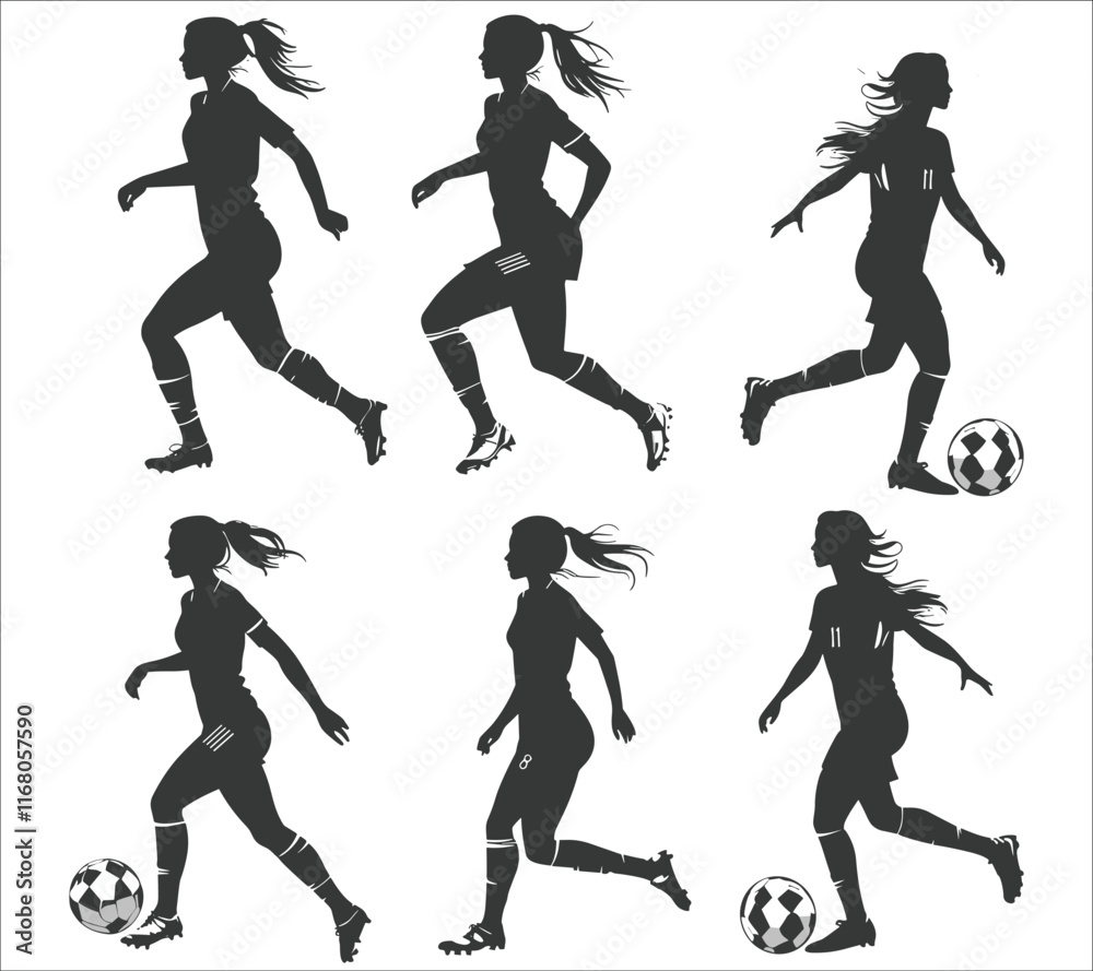 Fototapeta premium Female football player silhouette vector design. Silhouette of female football player. Female football player action silhouette. Woman playing football silhouette vector illustration 