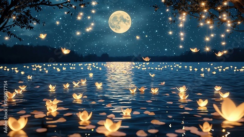 Romantic petal shawers Peaceful night with glowing flowers on water. photo