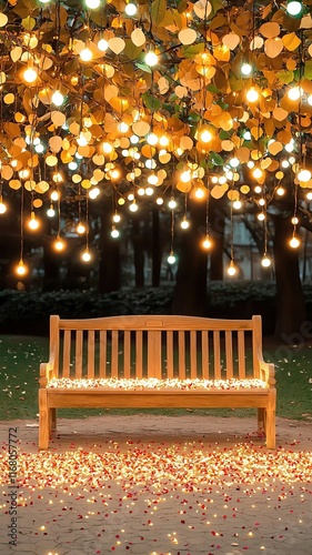 Romantic petal shawers Cozy park bench illuminated by festive lights. photo