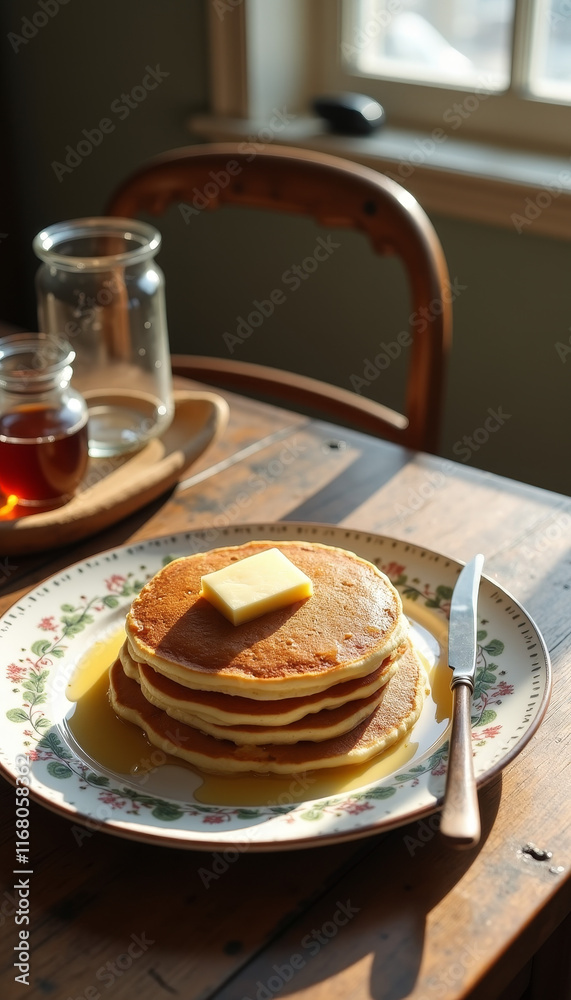 Rustic Pancakes on Wooden Table with Morning Light