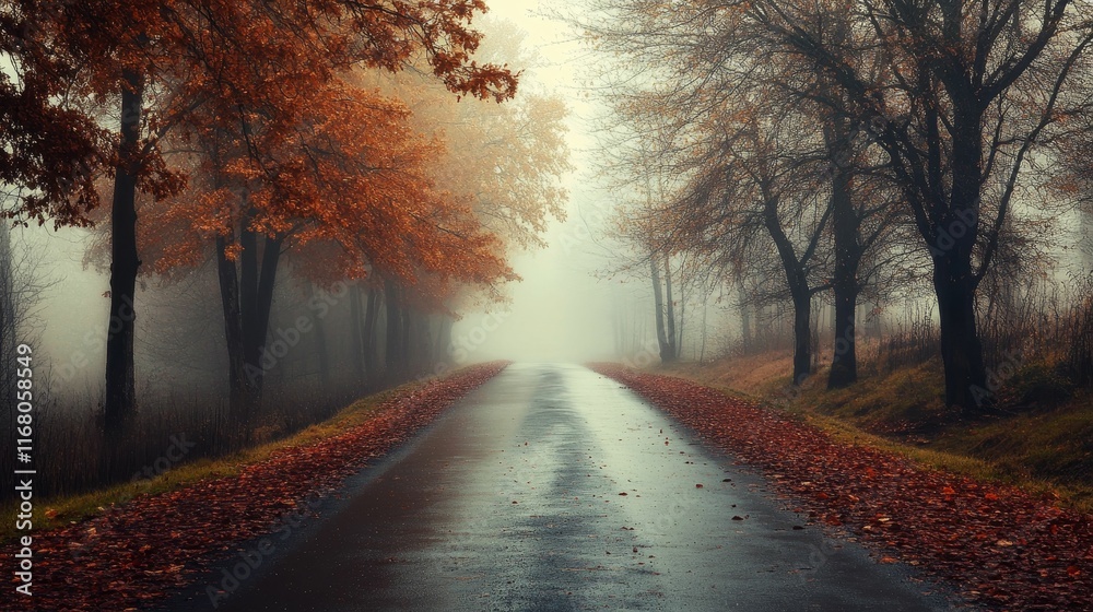 Fototapeta premium Autumnal road, foggy, trees, fallen leaves, wet.