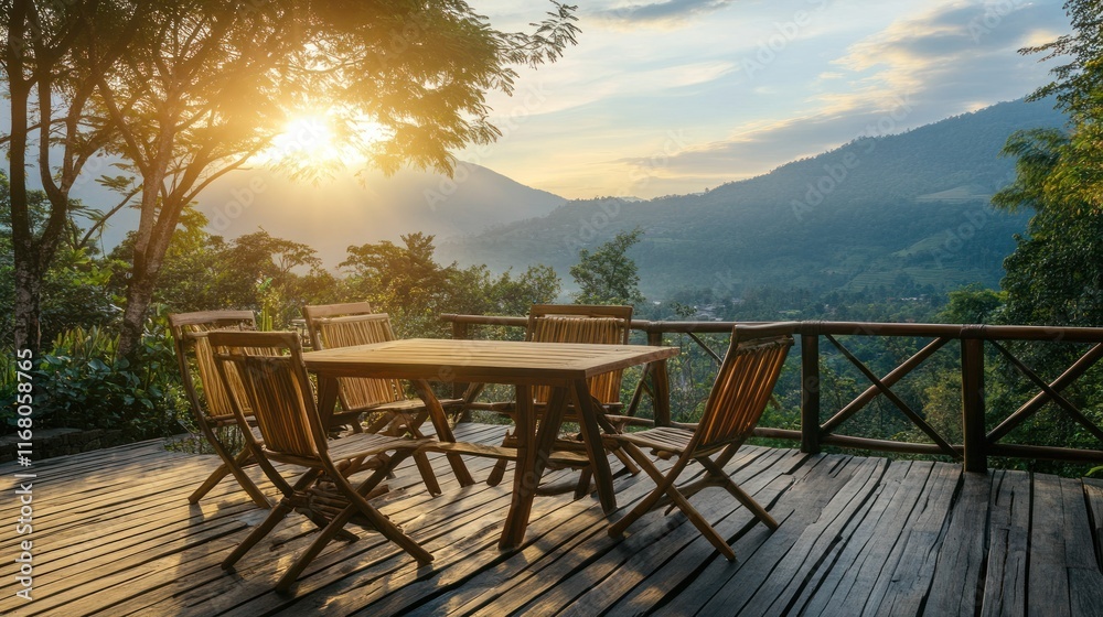 Fototapeta premium A serene wooden deck with chairs overlooking a mountain landscape at sunset.