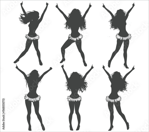 Female cheerleader silhouette vector illustration. Dynamic female cheerleader silhouettes. Abstract woman cheerleader silhouette vector. Black cheerleader silhouette icons vector