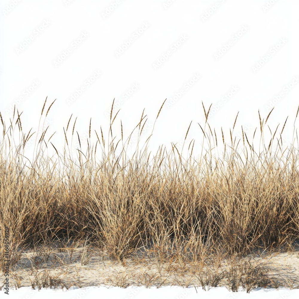 Obraz premium Lush Green Grasses Against a Bright Sandy Shoreline Under Clear Blue Sky