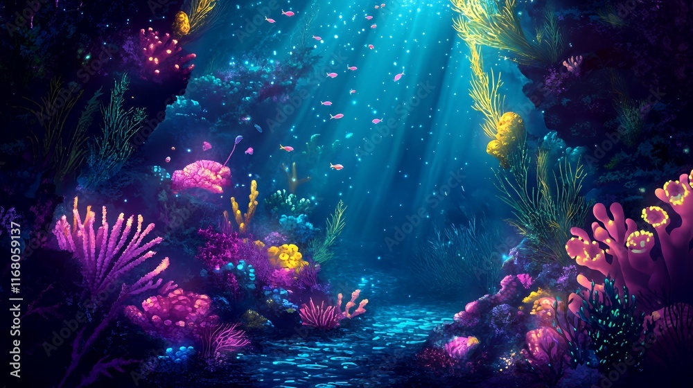 Fototapeta premium Vibrant Underwater Reef Scene With Glowing Coral And Fish